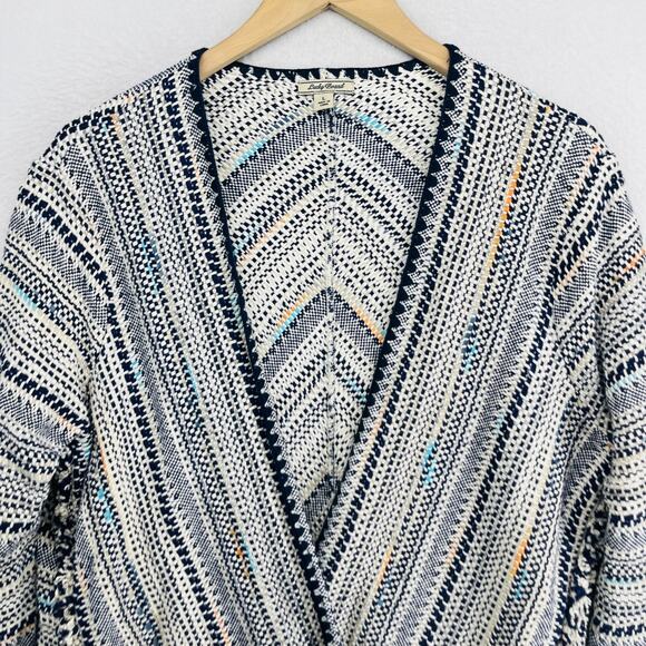 LUCKY BRAND Cardigan Womens L Open Front Fringe Sweater Shawl Cotton Black - Picture 3 of 11